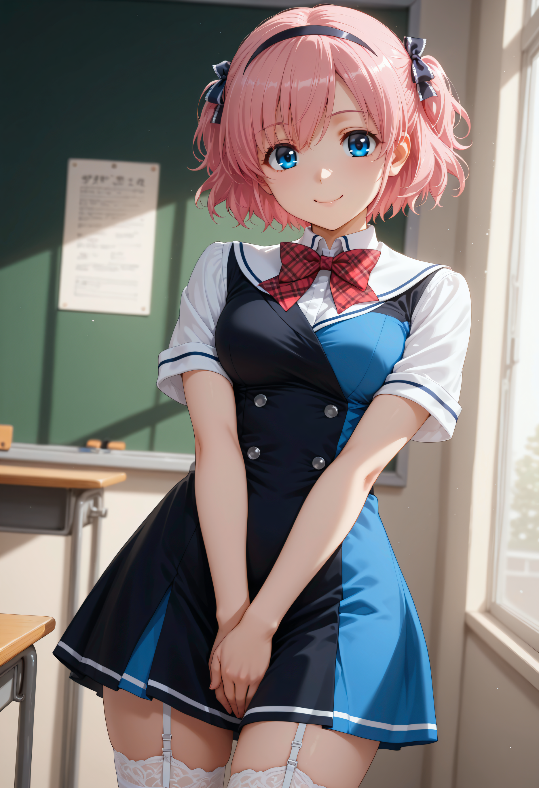 solo, <lora:Char_KomineSachi:1>, blue eyes, pink hair, short hair, two side up, hair ribbon,
S4ciSch, hairband, asymmetrical dress, two-tone dress, blue dress, black dress, double-breasted, red bowtie, plaid bowtie, sailor collar, short sleeves, white sleeves, white thighhigs, garter straps, 
v arms, standing, looking at viewer, smile, school