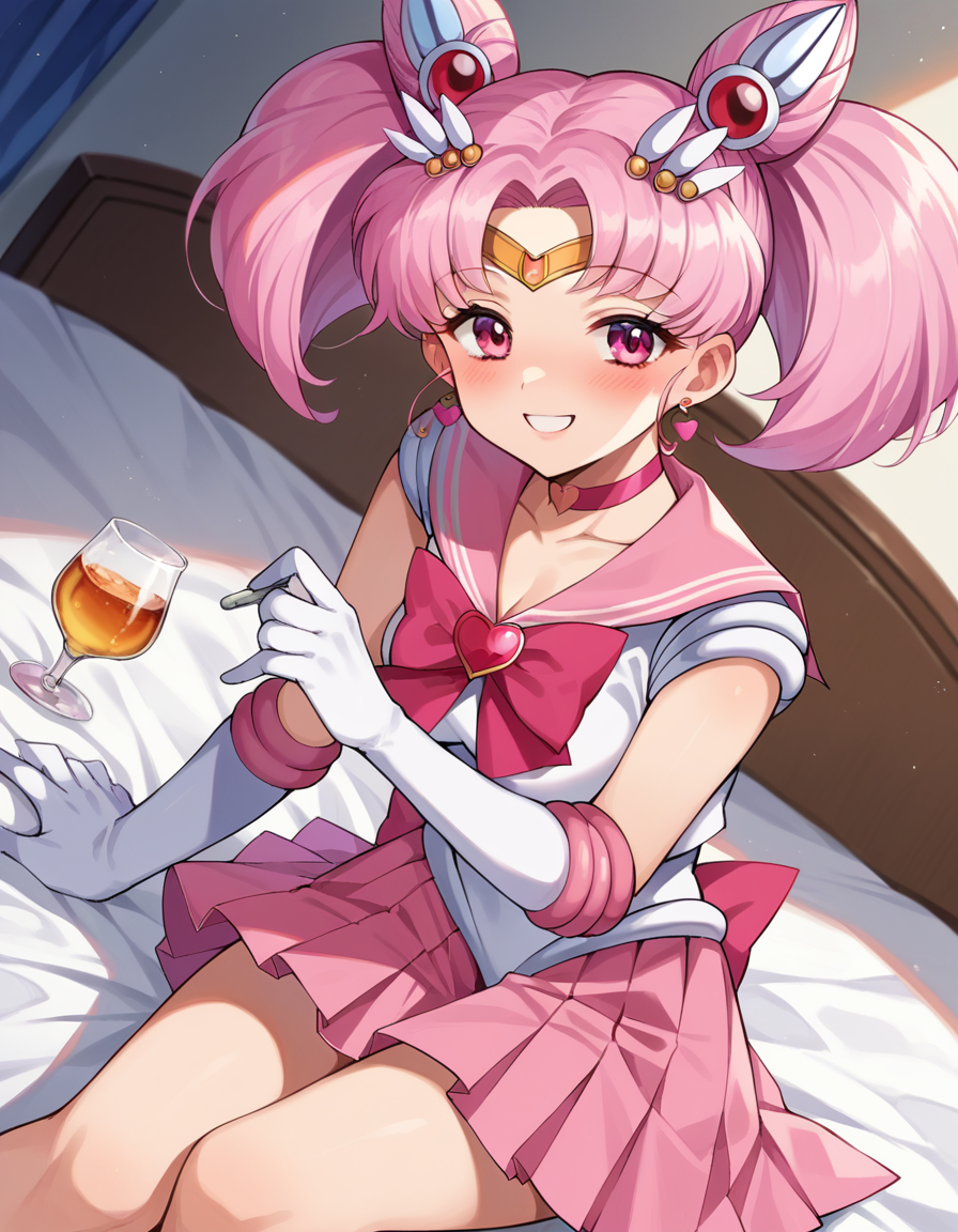 score_9, score_8_up, score_7_up, source_anime,
sailormoonchibi, <lora:sailor-moon-chibi-ponyxl-lora-nochekaiser:1>
sailor moon chibi, cone hair bun, double bun, hair bun, hair ornament, pink eyes, pink hair, short hair, twintails, circlet, parted bangs, smile,
bow, brooch, choker, earrings, elbow gloves, gloves, heart, heart brooch, magical girl, pink bow, pink choker, pink sailor collar, pink skirt, pleated skirt, sailor collar, sailor senshi uniform, skirt, stud earrings, white gloves,
indoors, bed, bed room, on side, blush, drunk,
looking at viewer, dutch angle, cowboy shot