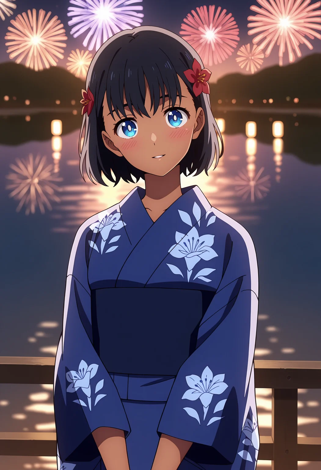 anime screencap, masterpiece, best quality,
<lora:SummertimeRender_KofuneMio_IlluXL:0.9>,
1girl, solo, parted lips, head tilt, light smile, blush,
dark-skinned female, short hair, black hair, blue eyes, white pupils,
hair flower, red flower, print kimono, floral print, blue kimono, blue obi,
v arms, standing, looking at viewer, cowboy shot,
outdoors, lake, fireworks, night, summer festival, blurry background