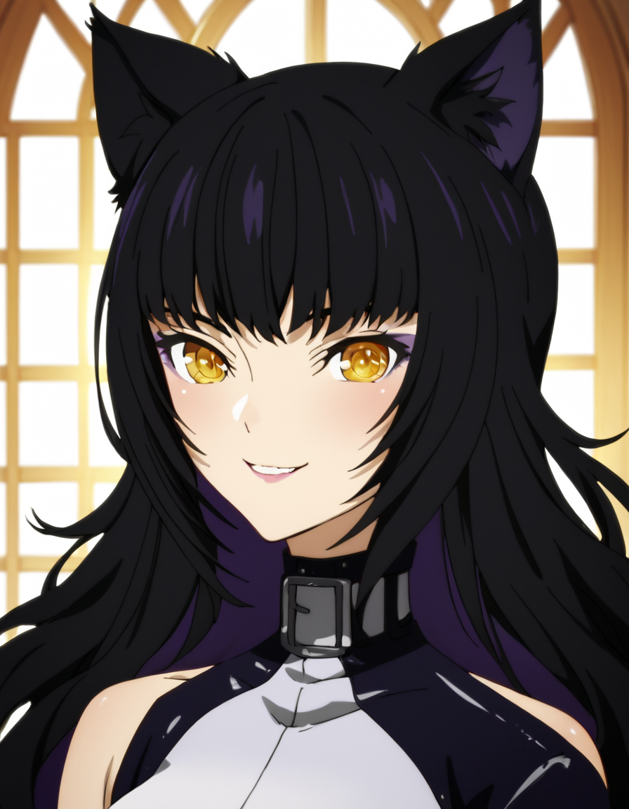 score_9, score_8_up, score_7_up, score_6_up, score_5_up, score_4_up, source_anime,  BlakeBelladonna, long hair, black hair, yellow eyes, cat girl, , soft smile, portrait