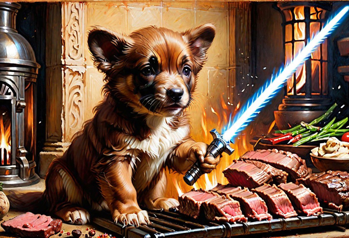 puppy wolverine Obi-Wan, grilling beef on light saber, 
Oil Painting, 
(Renaissance Paintings, Renaissance style, beautiful, painterly, detailed, textural, artistic),  (((intricate details, highly detailed, ultra-detailed, absurdres))), (unreal engine, octane rendering, Anti-Aliasing, sharp focus, natural lighting, high saturation, high contrast, vivid, vibrant, studio lighting, best texture quality), beautiful detailed scenery,