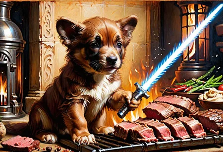 puppy wolverine Obi-Wan, grilling beef on light saber,
Oil Painting,
(Renaissance Paintings, Renaissance style, beautiful, painterly, detailed, textural, artistic), (((intricate details, highly detailed, ultra-detailed, absurdres))), (unreal engine, octane rendering, Anti-Aliasing, sharp focus, natural lighting, high saturation, high contrast, vivid, vibrant, studio lighting, best texture quality), beautiful detailed scenery,