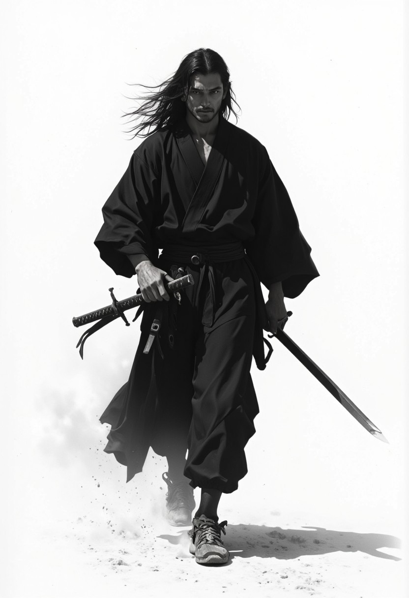 portrait, 1boy, solo, long hair, Japanese clothing, black clothing, samurai, (hakama), (holding weapon, katana), plain tree, sheath, shadow, ink painting, [[greyscale]], simple background, ((windy)), dust, [cowboy shot], walking toward viewer, POV, ((Akira Kurosawa film)), cinematic lighting, (masterpiece:1.2), best quality, DeepNegative_xl_v1