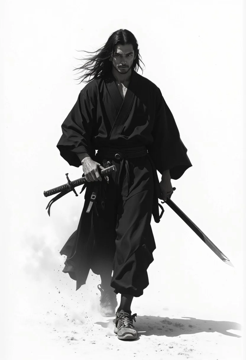 portrait, 1boy, solo, long hair, Japanese clothing, black clothing, samurai, (hakama), (holding weapon, katana), plain tree, sheath, shadow, ink painting, [[greyscale]], simple background, ((windy)), dust, [cowboy shot], walking toward viewer, POV, ((Akira Kurosawa film)), cinematic lighting, (masterpiece:1.2), best quality, DeepNegative_xl_v1