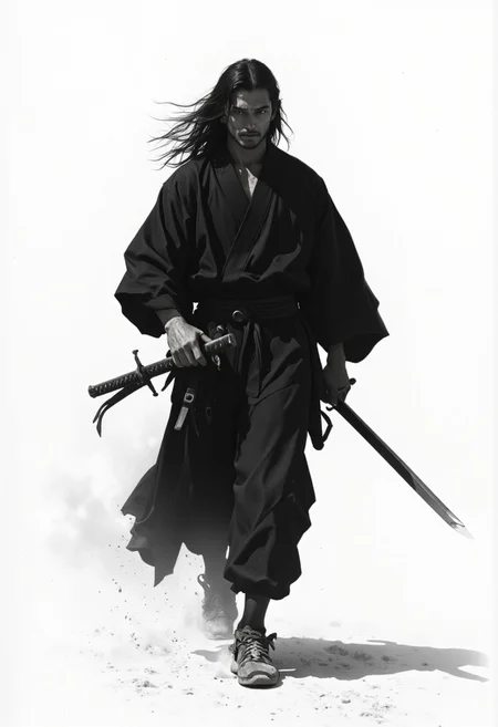 portrait, 1boy, solo, long hair, Japanese clothing, black clothing, samurai, (hakama), (holding weapon, katana), plain tree, sheath, shadow, ink painting, [[greyscale]], simple background, ((windy)), dust, [cowboy shot], walking toward viewer, POV, ((Akira Kurosawa film)), cinematic lighting, (masterpiece:1.2), best quality, DeepNegative_xl_v1