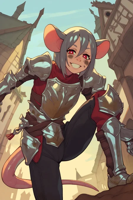 score_9, score_8_up, score_7_up, score_6_up, score_5_up, score_4_up, source_anime, outside, castle, town, sky, sunset, low-angle view, front view, close-up, looking at viewer, (hair between eyes:1.1), red eyes, grin, half-closed eyes, dirty face, white pupils, solo, female, humanoid, mouse humanoid, tail, bob cut, grey hair, flat chested, armor, pauldrons, gauntlets, breastplate, black pants, dirt, dirty clothes, knee up, leaning forward