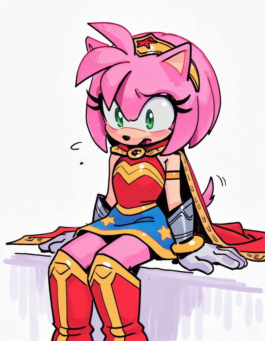 1girl, solo, no humans, petite, sitting, legs kicked out, giggling, bright eyes, playful charm,
<lora:WonderAmy_v1:0.9> wonderamy, alternate costume, amy rose, gold trim, red cape, white gloves, bracer, gold hairband, blue skirt, sleeveless, breastplate, armored boots, red boots, star \(symbol\), star print, bare shoulders, armlet, miniskirt, gold brooch, brooch, red shirt, gold bracelet, tail through clothes,
 traditional media, sketch, hatching \(texture\), watercolor \(medium\), <lora:knuxze:1> knuxze, extremely detailed, highres, masterpiece, best quality