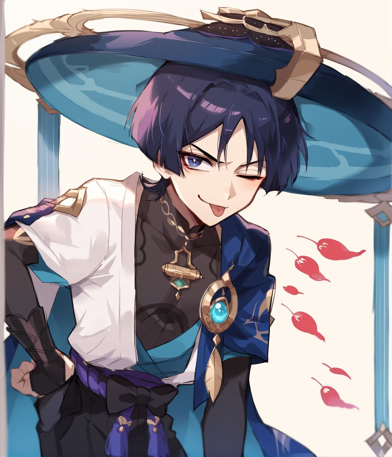score_9, score_8_up, score_7_up, score_6_up, score_5_up, source_anime, show accurate, rating_safe, vector, solo, scaramouche, smirk, closed mouth, tongue out, one eye closed, finger to face,  hat, headwear, looking at viewer, leaning forward, hand on own hip,  <lora:scaraXL-fine:1>