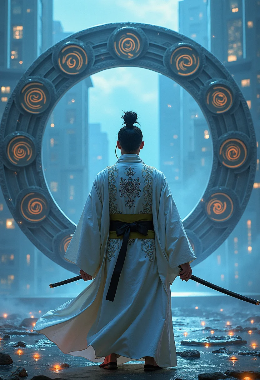 high quality, highly detailed, colorful, abstract, fantasy, fantasy background, The image is a realistic photo of a man in a traditional Japanese martial arts outfit. He is standing in front of a large circular platform with multiple circular symbols on it. The man is wearing a white robe with intricate patterns and designs on it, and his hair is tied up in a bun. He has a sword in his right hand and his left hand is extended towards the right side of the image. The background shows a cityscape with tall buildings and a cloudy sky. The scene is lit up with blue lights, creating a magical and mystical atmosphere.<lora:FLUX\boFLUX Neon Abyss.safetensors:1.0:1.0>