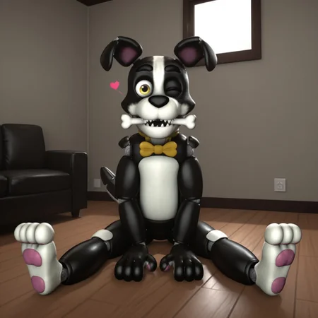 solo, Dougthedog, animatronic, humanoid robot, black and white body, two-tone body, white feet, paws, pink pawpads, dog ears, animal ears, canine, joints, white knees, yellow bowtie, black nose, yellow eyes, mechanical dog tail, sharp teeth
BREAK indoors, bone in mouth, sitting, arms in front, one eye closed, winking, hearts, <3
BREAK best quality, amazing quality, very aesthetic, absurdres, newest