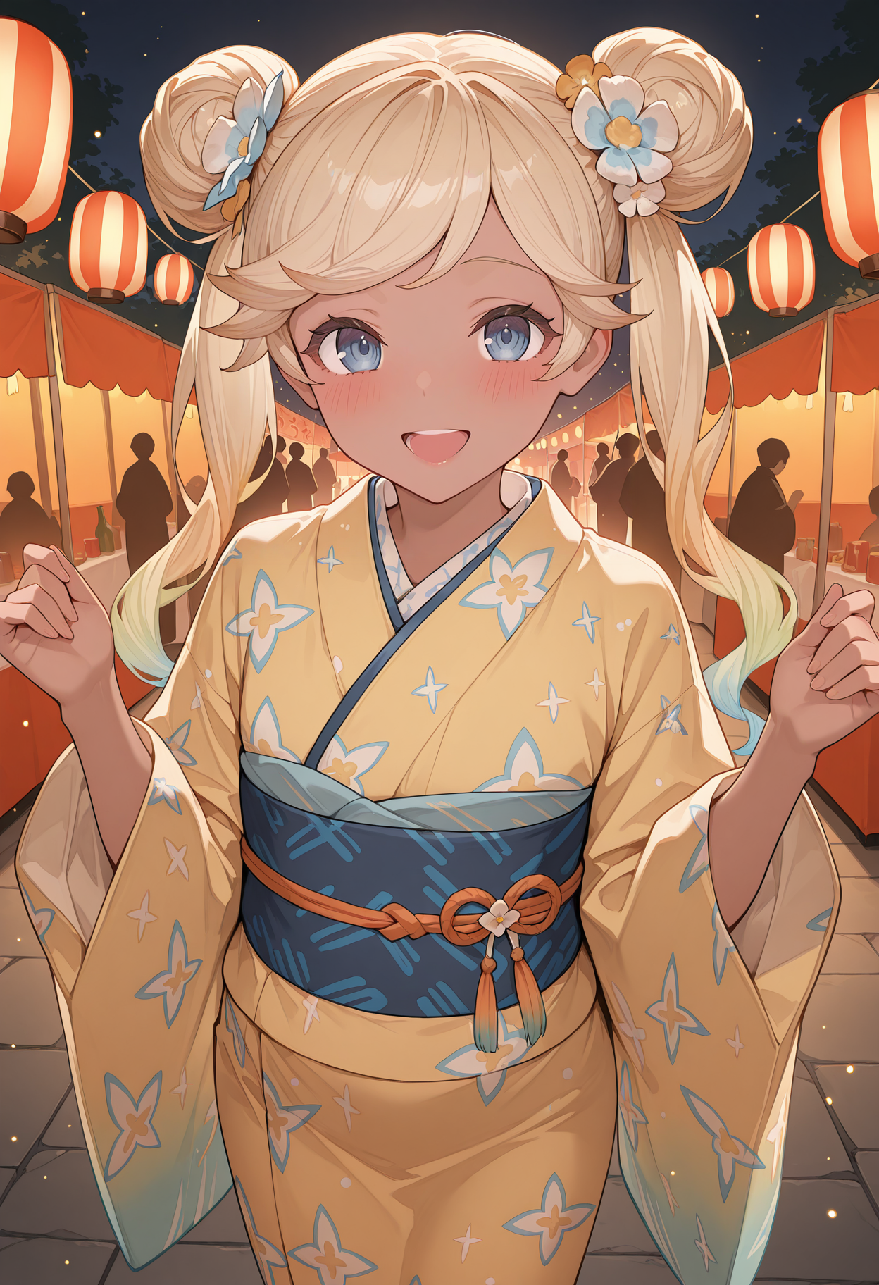 highres, best quality, masterpiece, night, light particles, festival, 
1girl, solo, gbftio, blonde hair, gradient hair, twintails, dark-skinned female, blue eyes,
iogbddk, hair bun, double bun, hair flower, yellow kimono, print kimono, obi,
looking at viewer, blush, smile,
hands up, from above, open mouth, 
<lora:_io_gbf-elesico-ilxl-000014:1>