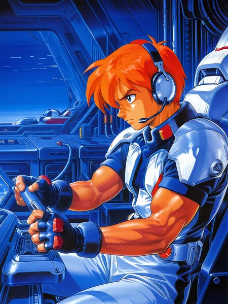 masterpiece, best quality, amazing quality, absurdres, newest, blue and red theme,
<lora:RetroGameArt:1> retro game art, traditional media, detailed texture, marker (medium),
cowboy shot, 1boy, cockpit, male focus, gloves, serious, driving, headphones, sitting, science fiction, machinery, fingerless gloves, headset, short sleeves, short hair, pilot suit, profile, bodysuit, dark, military, armor, uniform, pants, cable, pilot, muscular, piloting, orange hair,