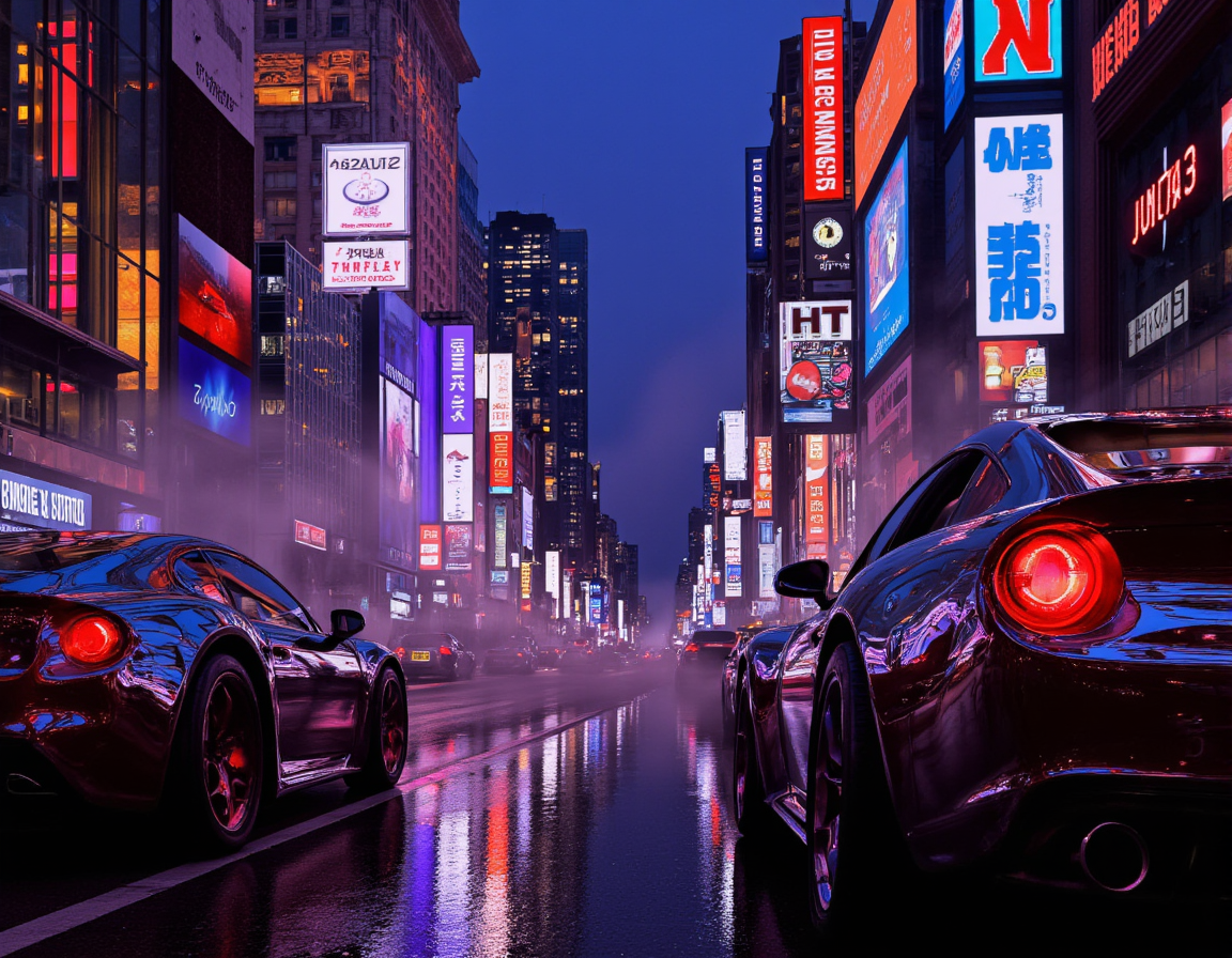 <lora:Staggering:0.85> staggering, A vibrant, photorealistic 3D render of a futuristic cityscape at dusk, neon signs reflecting on polished chrome vehicles, volumetric lighting enhancing atmospheric fog, highly detailed textures on sleek architectural designs. . 35mm photograph, film, bokeh, professional, 4k, highly detailed