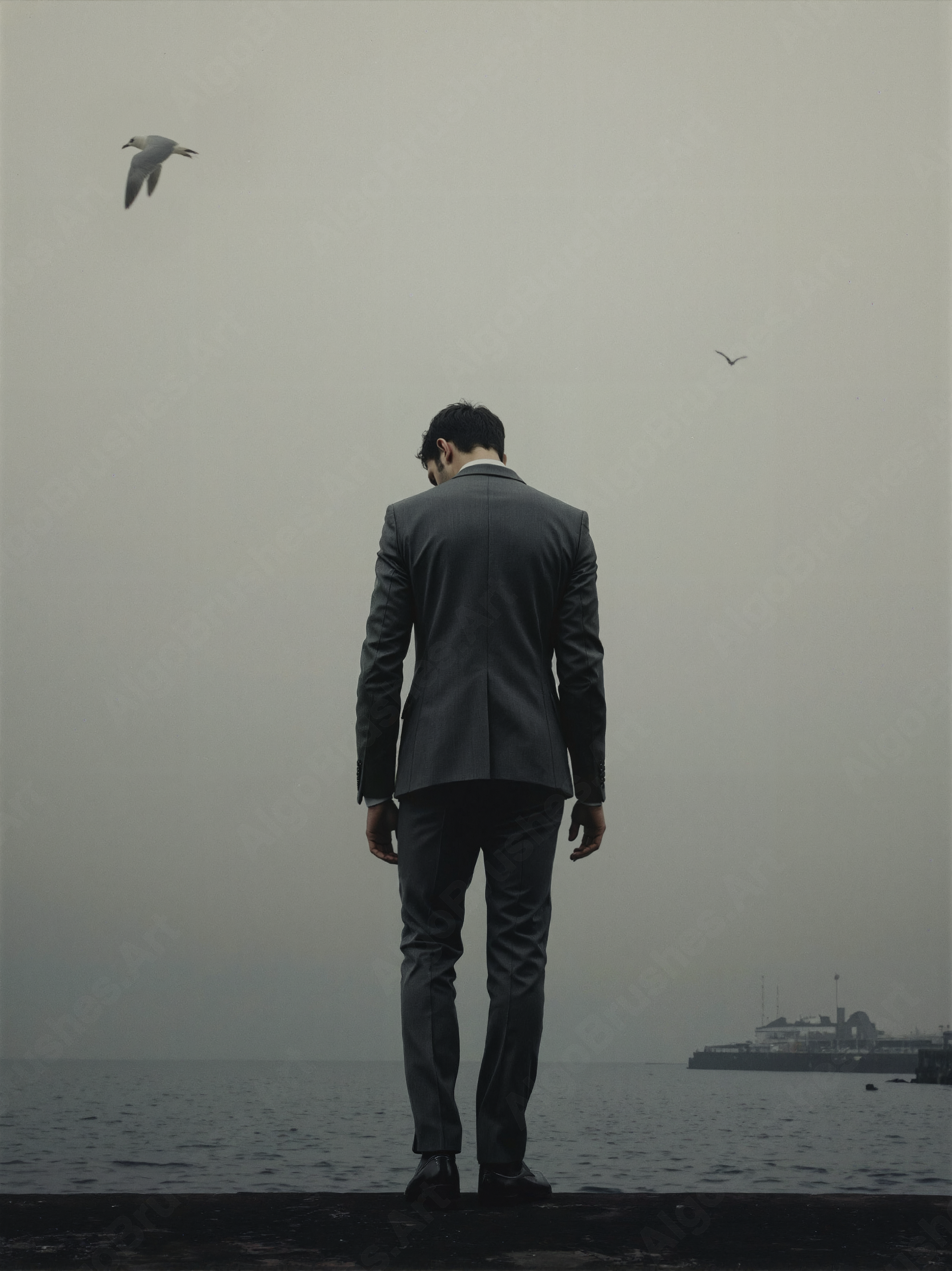 A solitary muscular man in a charcoal-gray suit stands at the edge of a fog-drenched pier, painted in the moody tonalism of James Abbott McNeill Whistler. The scene is monochromatic, with gradients of slate and pearl, the horizon blurred into abstraction. His posture is rigid yet melancholic. Thin brushstrokes mimic the hazy atmosphere, while a single distant seagull punctuates the emptiness. The composition balances minimalism with emotional weight.