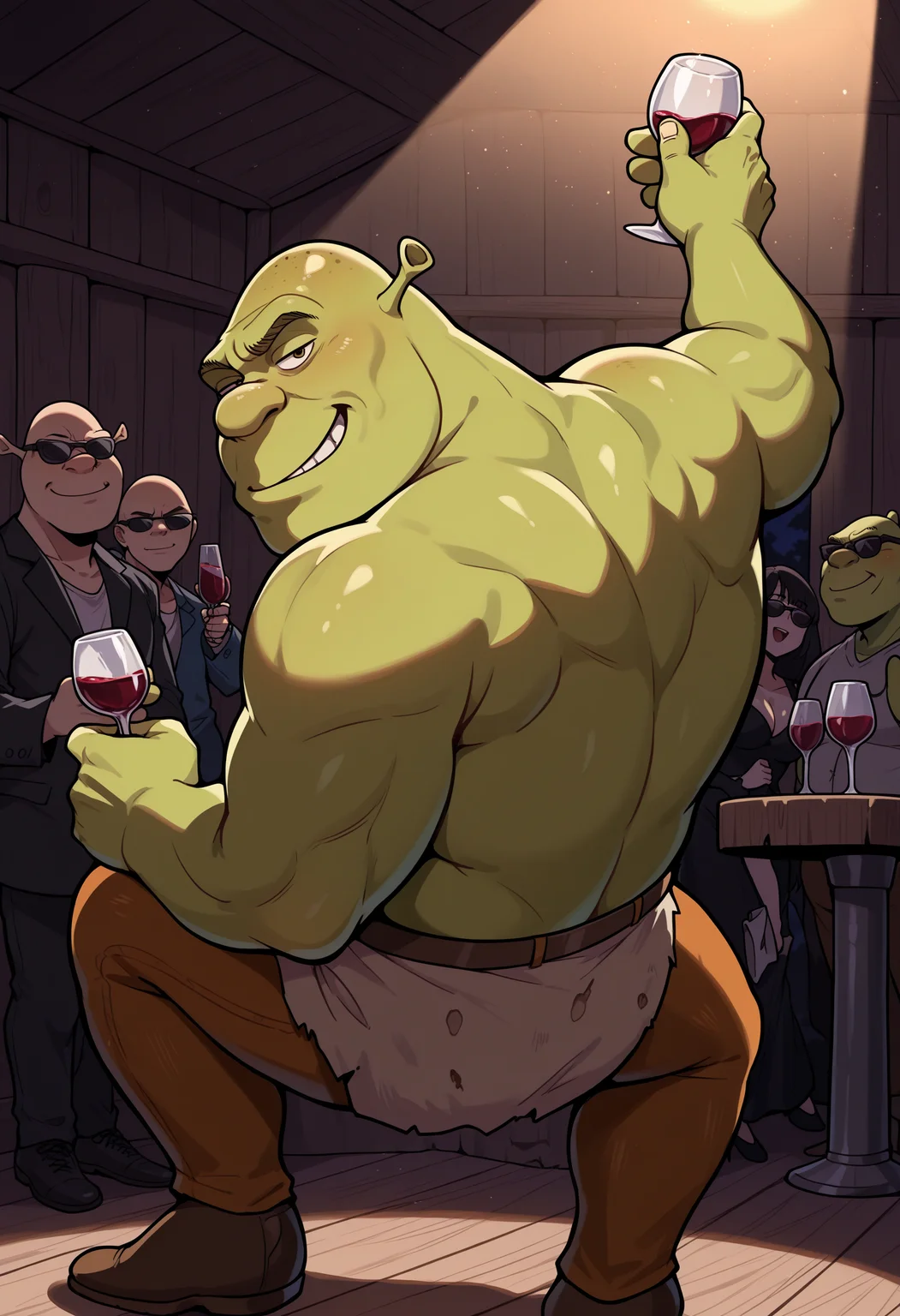 masterpiece, best quality, newest, absurdres, highres, masterpiece, best quality, 1boy, shrek, bald,, <lora:Shrek_illusXL_Incrs_v1:1>, topless, muscular, smirk, sunglasses, club, multiple boys, spotlight, wine glass, indoors, dark, darkness, night, dancing,