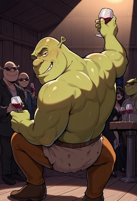 masterpiece, best quality, newest, absurdres, highres, masterpiece, best quality, 1boy, shrek, bald,, <lora:Shrek_illusXL_Incrs_v1:1>, topless, muscular, smirk, sunglasses, club, multiple boys, spotlight, wine glass, indoors, dark, darkness, night, dancing,
