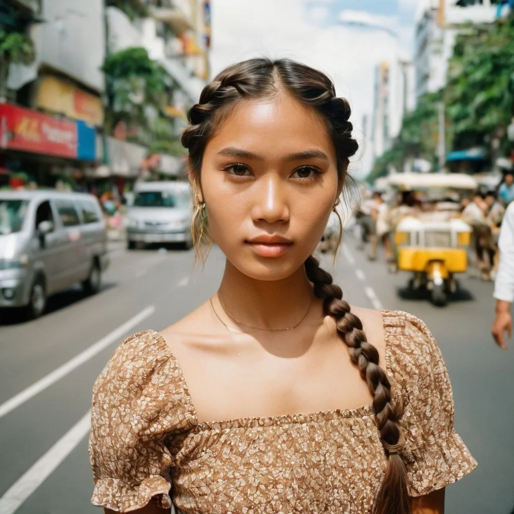 film photography style a handsome young Philippino woman wearing an earthy dress with braided hair looking at camera in a busy city, medium shot portrait, <lora:FILM_PHOTOGRAPHY_STYLE-000017:1>