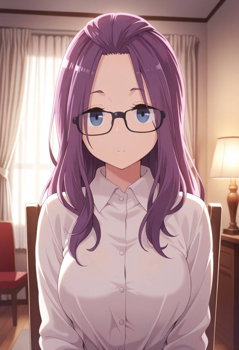masterpiece,best quality,amazing quality, kagamihara sakura, purple hair, long hair, glasses, black-framed eyewear, blue eyes, 1girl, solo, shirt, indoors, closed mouth, curtains, chair, lamp, looking at viewer