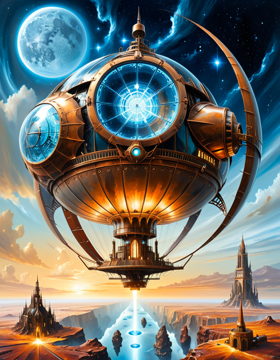 A surreal, steampunk-style painting in the style of JarosÅaw Jasnikowski, depicting a colossal, gothic-mechanical spaceship drifting through the vastness of space. The ship is inhabited by the remnants of humanity, fully transformed into biomechanical cyborgs. The vessel is an ornate fusion of cathedral-like architecture and industrial machinery: bronze towers, rotating gears, stained glass panels glowing with alien light, and massive turbines spinning slowly in zero gravity. Cyborg figures walk along the outer hull, tethered by glowing cables, maintaining the vessel as it glides through a star-filled void. Their bodies are a blend of flesh and complex mechanical systemsâcogs, tubes, exposed circuitry, and metallic limbsâall designed in an absurd, baroque fashion. The backdrop is a deep cosmic expanse with nebulas, stars, and shattered planetary fragments floating around. The lighting is dramatic, with reflections bouncing off polished metal surfaces, casting surreal, elongated shadows. The scene conveys both grandeur and loneliness, emphasizing the transformation of humanity into a forgotten, drifting civilization. The atmosphere is deeply symbolic, with Jasnikowskiâs signature distorted perspective and dreamlike, metaphysical tone.<lora:SDXLFaeTastic2400:0.4> <lora:extremely_detailed:0.4> extremely detailed, <lora:JarosÅaw_J4sn1k0wsk1_r1:1>,JarosÅaw J4sn1k0wsk1, Masterpiece,best quality,hi res,8k,hi res,8k,award winning,(sharp focus, intricate, highly detailed),