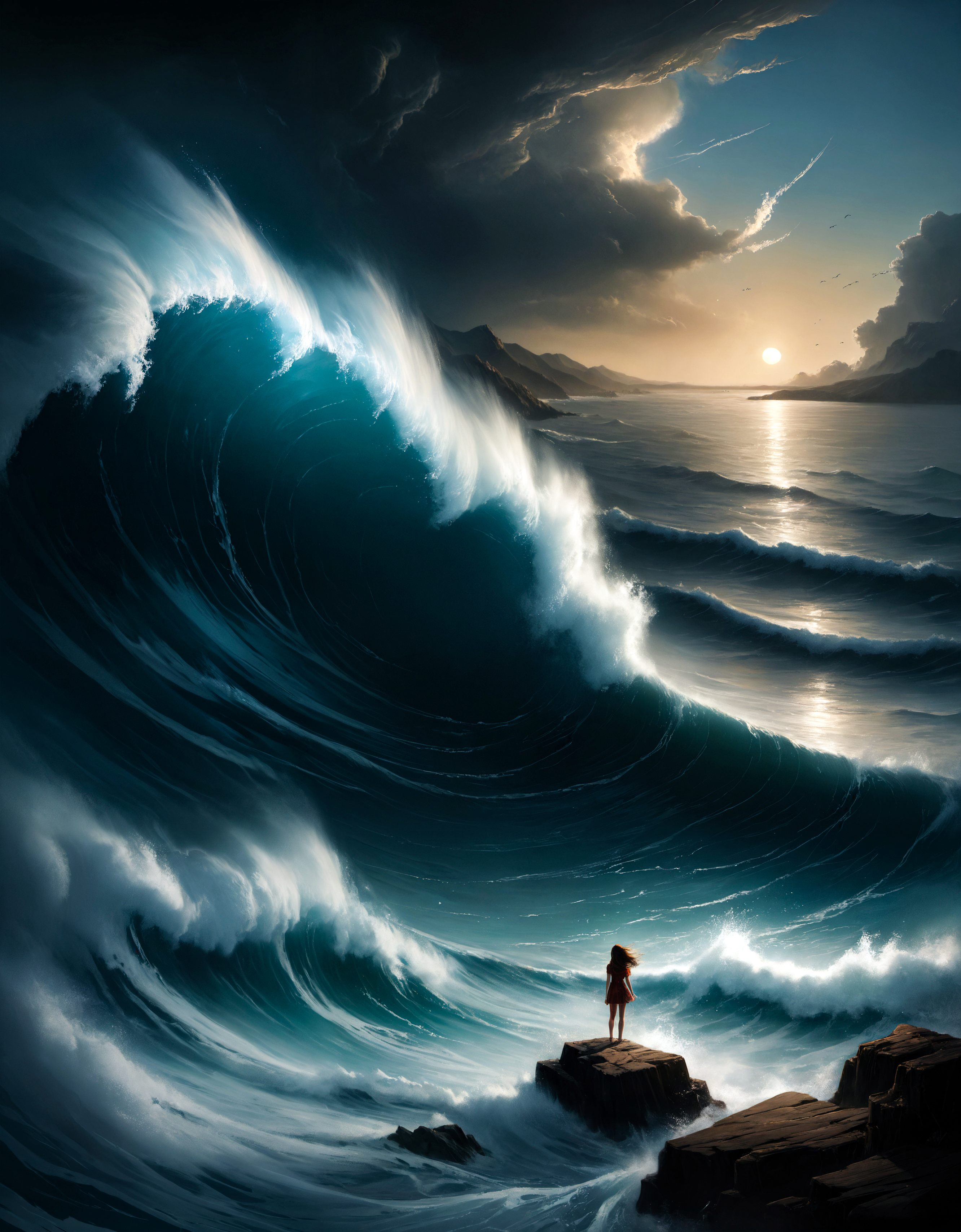 breathtaking oil painting, Standing by the ocean with a comet hitting the ocean, tsunami waves, photorealistic oil painting, from above, by charlie bowater, fine details, by wlop, trending on artstation, very detailed