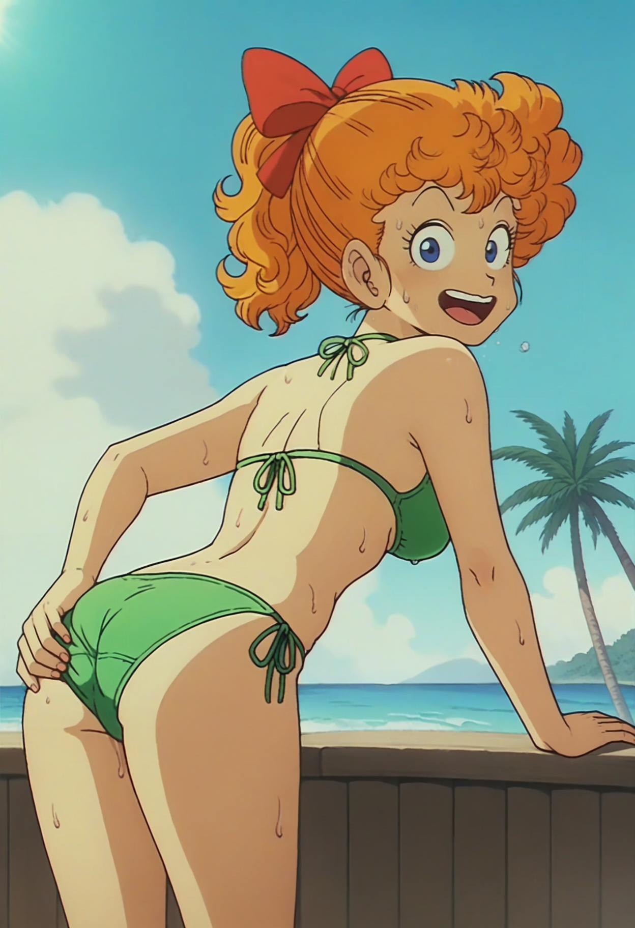 score_9, score_8_up, score_7_up, score_6_up, anime screencap, anime coloring, <lora:DBExtraGirlAkaneK:0.8>, DBExtraGirlAkaneK, orange hair, curly hair, short hair, hair bow, red bow, ponytail, blue eyes,
green bikini, side-tie bikini bottom,
sweat, smile, open mouth, looking at viewer, leaning forward, grabbing own ass, 
BREAK beach, palm tree, sunlight, day, blue sky,