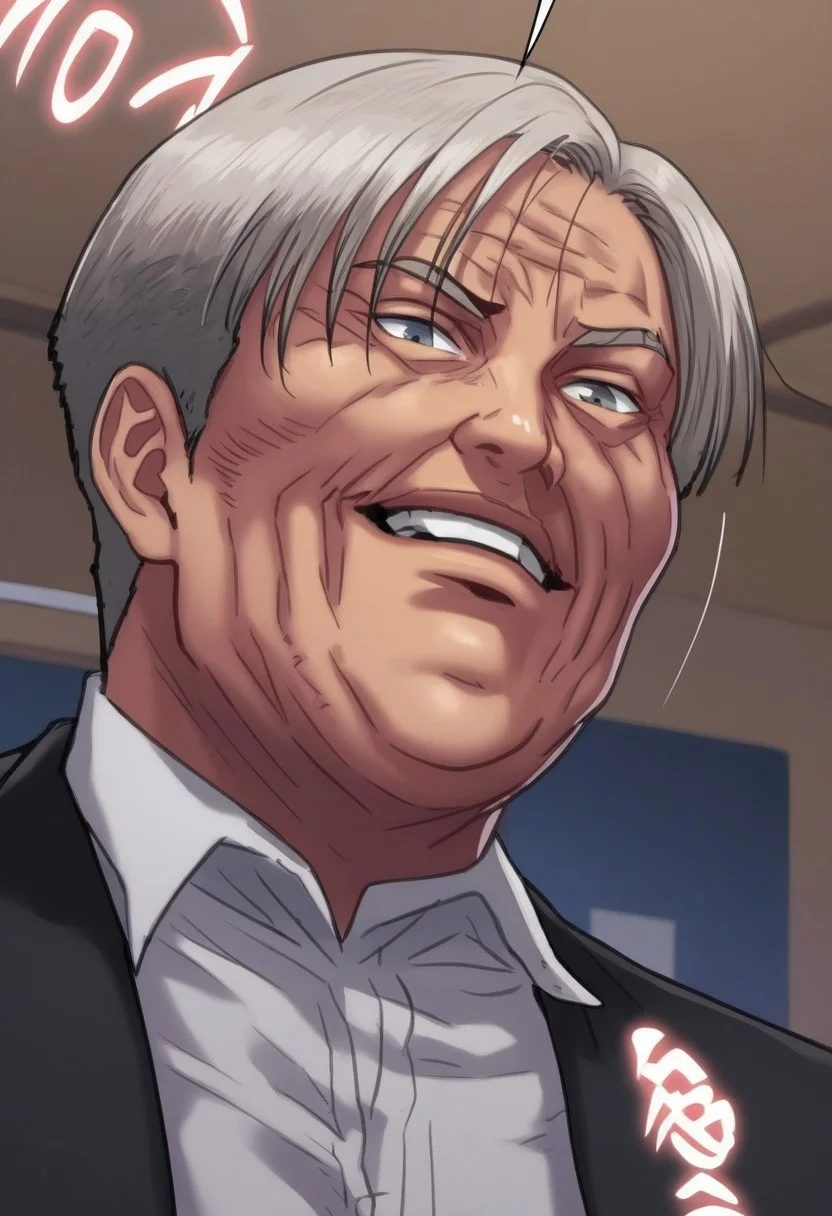 score_9, score_8_up, score_8_up, 1boy (old man, wearing black suit, white collared shirt underneath), man standing, man smirking, badass, solo male, close up on mans face, high resolution, man looking down at viewer, man evil expression, close up, zoom on face,
man taking off jacket, man taking off shirt, man baring chest,
indoor setting, indoors,night,carpet,stage,stripper pole,curtains,table,l
pink theme,pink light,pink neon stage, gothicPXL