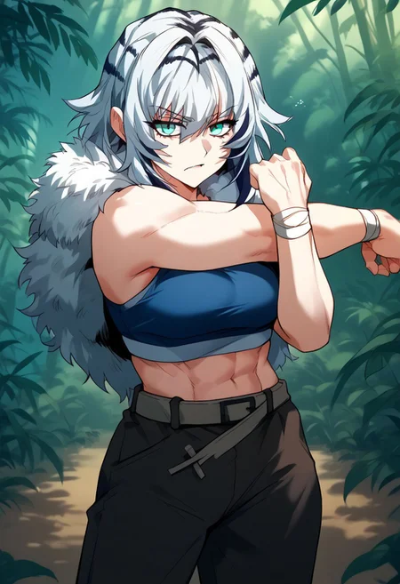 zPDXL3, score_9_up, score_8_up, score_7_up, (Anime_source), 1girl, cross-body stretch, stretching, Yenlang, muscular female, teal eyes, multicolored hair, white hair, long hair, Yenlang clothes, looking at viewer, cowboy shot, jungle