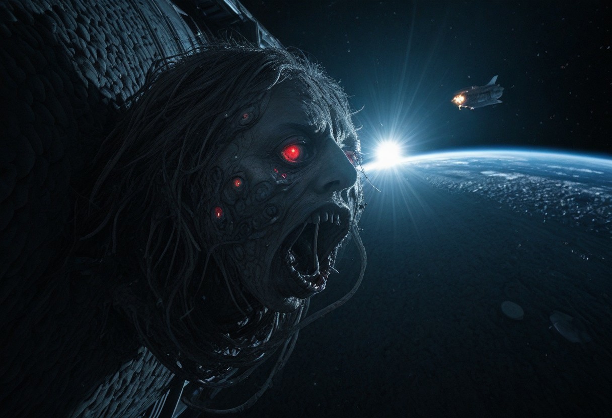 masterpiece, ultra realistic, ultra detailed, horror theme, dark theme, a massive ab0m cosmic horror swallowing a space station, glowing eyes, inwytk01illus, b1ue, r1d, b1ack, mu1ti