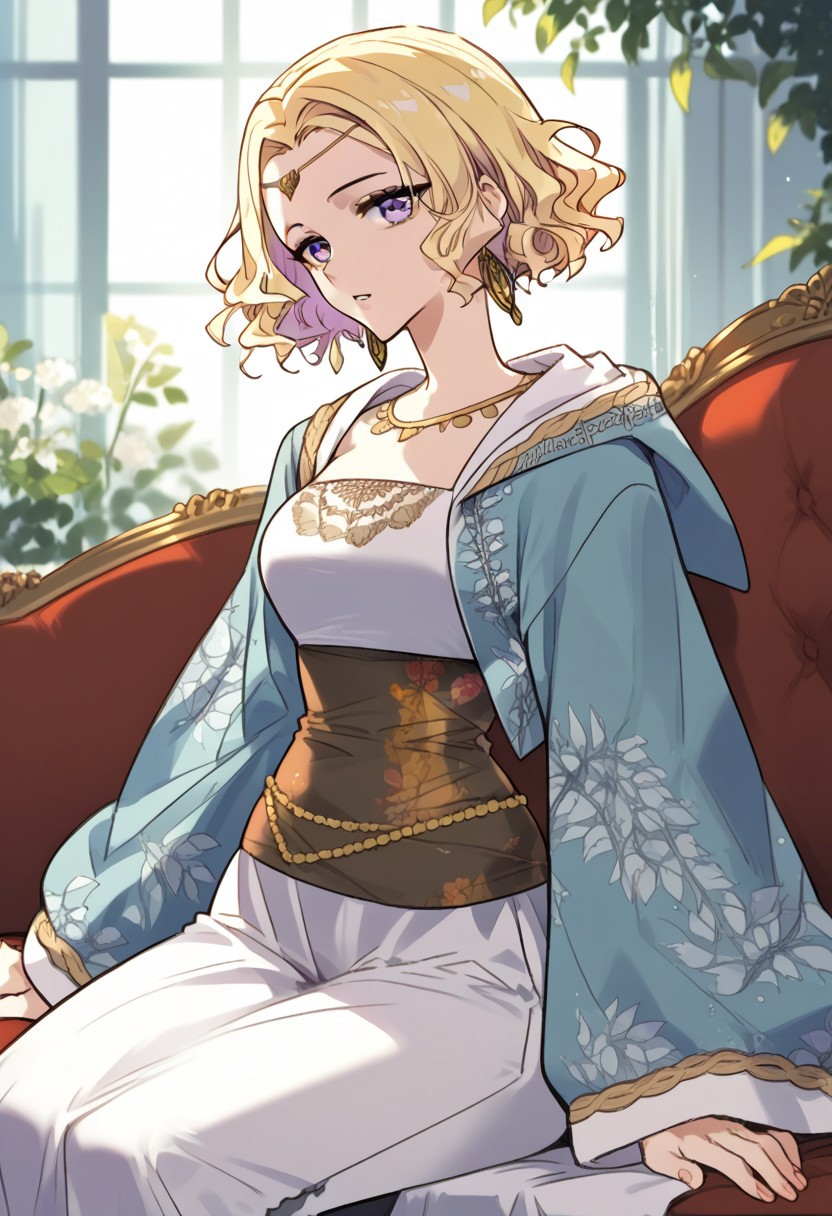 zPDXL3, score_9_up, score_8_up, score_7_up, (Anime_source), 1girl, Princia, purple eyes, blonde hair, short hair, Princia clothes, cowboy shot, looking at viewer, parted lips, sitting on couch, from side
