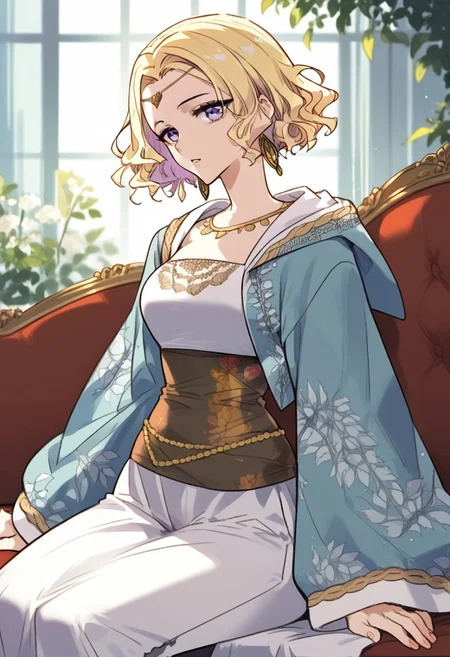 zPDXL3, score_9_up, score_8_up, score_7_up, (Anime_source), 1girl, Princia, purple eyes, blonde hair, short hair, Princia clothes, cowboy shot, looking at viewer, parted lips, sitting on couch, from side