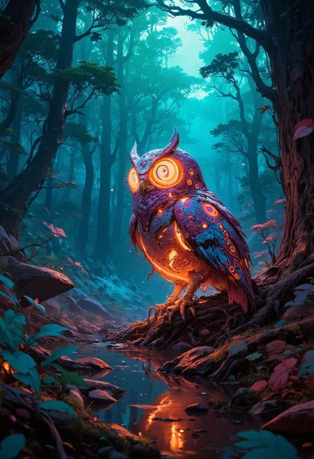 portrait | wide angle shot of eyes off to one side of frame, lucid dream-like 3d model of owl, game asset, blender, looking off in distance ::8 style | glowing ::8 background | forest, vivid neon wonderland, particles, blue, green, orange ::7 parameters | rule of thirds, golden ratio, assymetric composition, hyper- maximalist, octane render, photorealism, cinematic realism, unreal engine, 8k