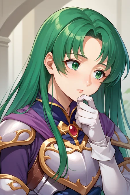 score_9, score_8_up, score_7_up, score_6_up, source_anime, BREAK 1girl, solo, <lora:fececilia-pdxl-nvwls-v1-000005:1> defCeci, green hair, green eyes, brooch, armored dress, purple dress, elbow gloves, white gloves, belt, thinking, hand to chin, stroking own chin, upper body