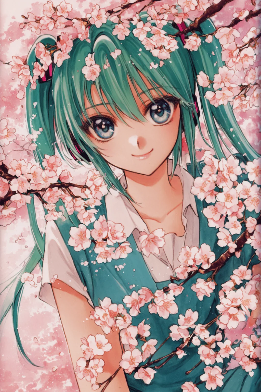 1girl, solo, hatsune miku, school uniform, green hair,cherry blossoms, cherry hair ornament, hanami, sakura,smile,looking at viewer,traditional media,<lora:RG Veda_XL:0.8>,