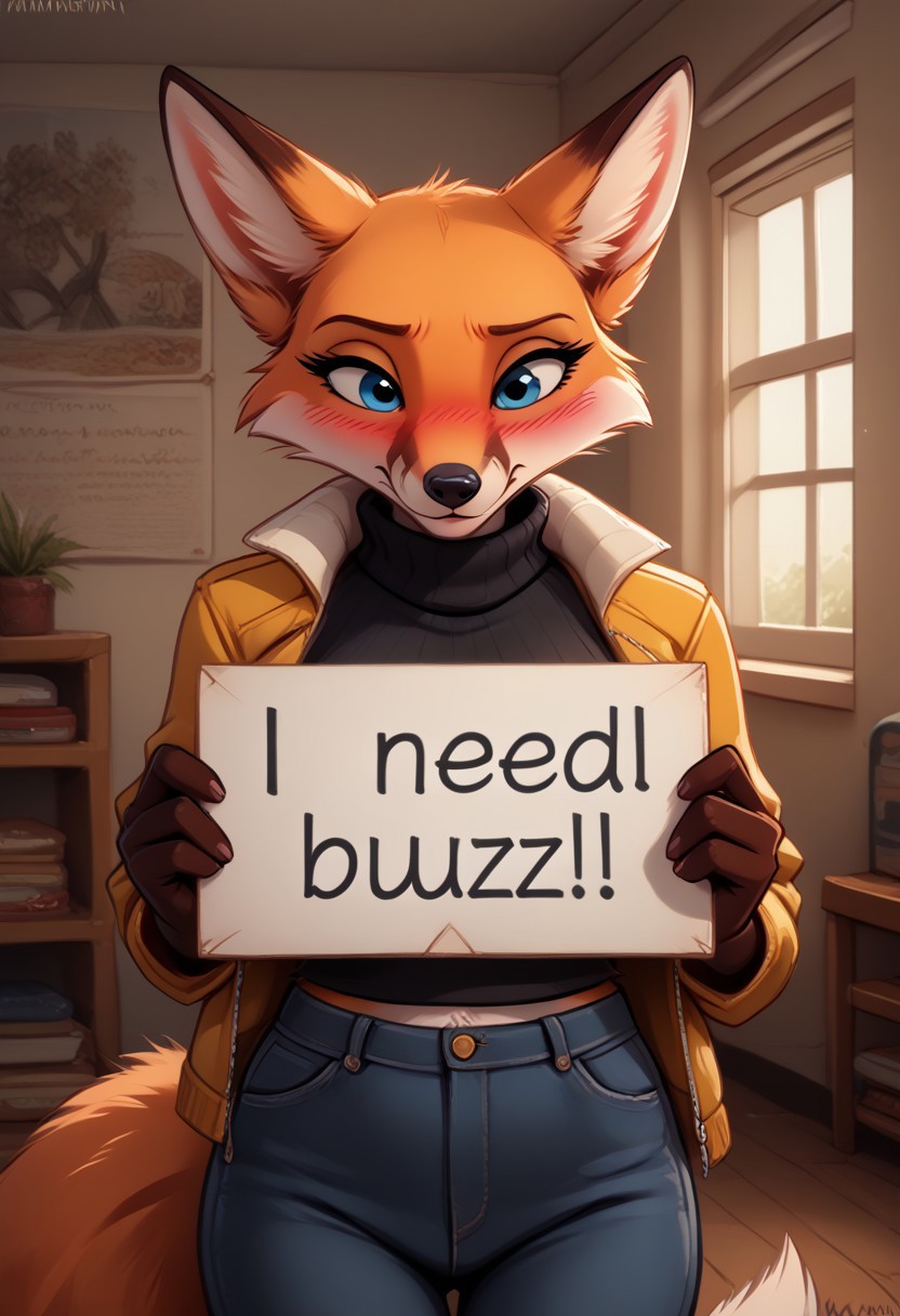 Zaush art style, furry, source_furry, anthro, female, inside, dorm room, intricate details, sleeveless turtleneck, jacket, jeans, big breasts, blue eyes, long eyelashes, fox, tilting hip, playful sad, blush, score_9, score_8_up, score_7_up, score_6_up, need_buzz, holding sign, <lora:E6_Styles_-_Kenket_Definitive_Edition_v2:1> <lora:Slight_midriff:1>