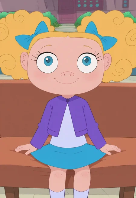 ((room background)),score_9, score_8_up, score_7_up,score_6_up,
1girl, solo, SuzyJ_PAF, light skin, blonde hair, curly hair, sides pigtails, blue hairbows, blue eyes, big eyes, short lavender cardigan, white undershirt, flared bright blue skirt, purple flats shoes, short stature, social smile, perfect eyes, perfect smile, looking at the viewer, detailed eyes, perfect eyes five fingers, perfect hands (front view, sitting, sitting on a chair, happy)