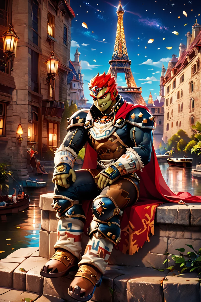 score_9, score_8_up, score_8, BREAK, , ,,, zzGanondorf, 1boy, red hair, dark skin, armor, gloves, jewelry, boots, muscular, shoulder pads, short hair, cape, <lora:Ganondorf_OoTZelda_PDXL:0.8>, ,,,, BREAK, zzEiffelTower in background, sitting, watercraft, boat, sitting on wall, side view, looking at viewer, smile, ,,, BREAK, blooming stars, luminescent petals, otherworldly fragrance blurry background, ,,, embedding:zPDXL, Expressiveh, ,,, <lora:EiffelTowerPDXL:0.8>, <lora:CatalystStylePDXL:0.6>, <lora:SDXLFaeTastic2400:0.5>, <lora:Expressive_H-000001:0.4>,