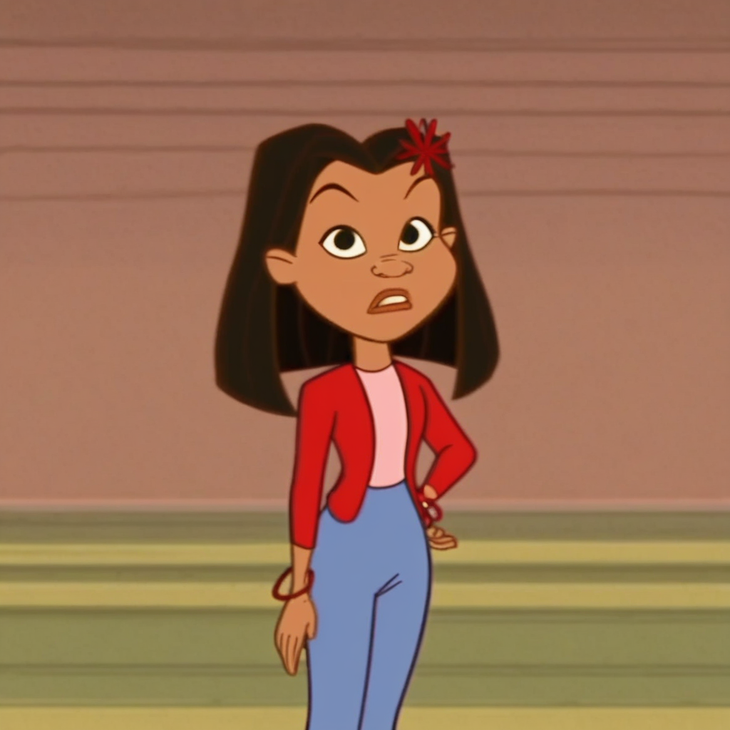 red bracelet, blue jeans, dark skin, pink shirt, blue shoes, brown eyes, red flower, red sweater, brown hair, flower in hair