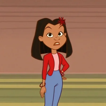 red bracelet, blue jeans, dark skin, pink shirt, blue shoes, brown eyes, red flower, red sweater, brown hair, flower in hair
