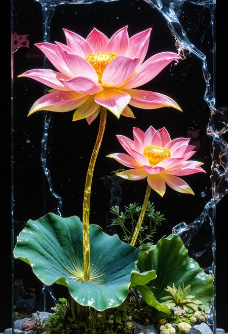 Ultra-realistic 8K resolution, Octane render, Unreal Engine 5 masterpiece, dark academia aesthetic, enchanted glass terrarium containing: two Sacred Lotus with translucent pink gemstone petals (vitreous refraction), metallic green stems (bioluminescent vascular system), bright yellow and green core, fractured amber glass veins pulsing with trapped starlight, quantum foam escaping through dimensional cracks, non-Euclidean spacetime geometry, vantablack void background with gravitational lensing distortion, chrono-crystalline lattice framework, volumetric photon mapping event horizon glow, subsurface scattering in petal nanostructures, hyperdetailed microbiology under gemstone epidermis, gothic biodigitalpunk style blending ZdzisÅaw BeksiÅski and Ernst Haeckel, photorealistic macro photography meets celestial cartography, <lora:flux.1_lora_flyway_Epic-detail_v2:0.4> <lora:flux-photo_v6:0.4> <lora:FluxDFaeTasticDetails:0.4> <lora:42lux-UltimateAtHome-flux-highresfix:0.25>