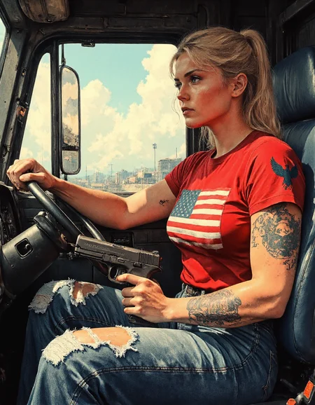 Peterbilt 379 Trucks, strong karolineleavitt woman with big fist is driving a truck, the woman has a red MAGA shirt, and an eagle tattoo on his shoulder, power and strengths, a rebellious karolineleavitt woman. One hand is on the steering wheel, the other hand holds a gun, a magnum 44.  Captured from a three-quarter angle, emphasizing both their expression and background behind. The clothes are worn and the pre-washed and torn jeans have oil stains.  <lora:CPA:0.7> <lora:RetroAnimeFluxV1:0.7> <lora:Mezzotint_Artstyle_for_Flux_-_by_Ethanar:0.7> anime <lora:Karoline_Leavitt_FLUX:1>