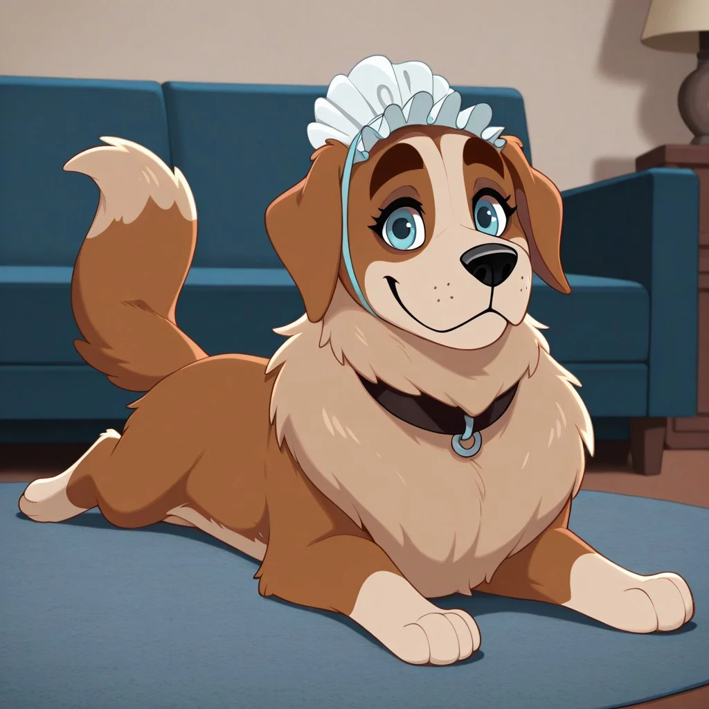 Nana(PP), Solo, 1girl, feral, dog, Saint Bernard, brown and tan fur, blue eyes, floppy dog ears, bushy dog tail, black nose, nursemaid hat, black collar, full body, looking at viewer, smile, lying on stomach, living room setting,