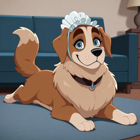 Nana(PP), Solo, 1girl, feral, dog, Saint Bernard, brown and tan fur, blue eyes, floppy dog ears, bushy dog tail, black nose, nursemaid hat, black collar, full body, looking at viewer, smile, lying on stomach, living room setting,