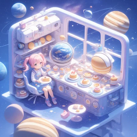 1girl, food, pancake, plate, cake, planet, solo, pink hair, space, chair, star \(symbol\), star \(sky\), cookie, smile, sitting, cup, cupcake, fork, window, spacecraft, table, teacup, twintails, cat, blush, indoors,<lora:youxichangjingXL:1>,
