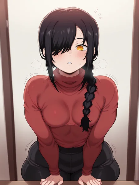 (masterpiece, amazing quality, best quality), <lora:blackwhiplash(bwl)-guy90-Illust-Lycorisv1:1>, blaash, <lora:stuffy_ai_style_illustrious_goofy:0.8>, motion lines,
<lora:Nayuta:1>, nayuta \(chainsaw man\), 1girl, solo, black hair, single braid, medium hair,
hair over one eye, ringed eyes, yellow eyes,
red sweater, turtleneck, long sleeves, black pants,