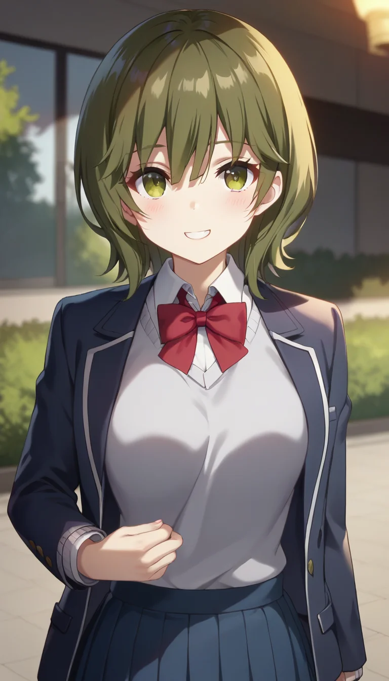 score_9,score_8_up,score_7_up,score_6_up BREAK official art,solo,outdoors,upper body,(portrait:1.5),looking at viewer,facing viewer,smile,blush,Isana Higashira,medium hair,dark green hair,hair between eyes,bangs,green eyes,school uniform,black jacket,blazer,open jacket,wing collar,red bowtie,sweater vest,grey vest,collared shirt,white shirt,long sleeves,medium breasts,blue skirt,pleated skirt,black socks,loafers,<lora:Isana Higashira(mtm)-Pony:1.6>,