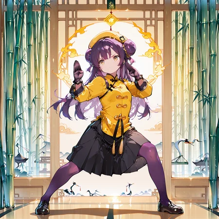 (masterpiece), (best quality), (ultra-detailed), (best illustration), (best shadow), (absurdres), (very aesthetic), 1girl, solo, <lora:ReinV2:1>, rein, purple hair, yellow eyes, long hair, hair buns, small breasts, yellow hat beret, yellow chinese clothes, long sleeves, black skirt, pleated skirt, midi skirt, purple pantyhose, black silk gloves, small breasts, full body, tai chi pose, crane, crane glowing yellow flame, crane doing martial arts, bamboo forest