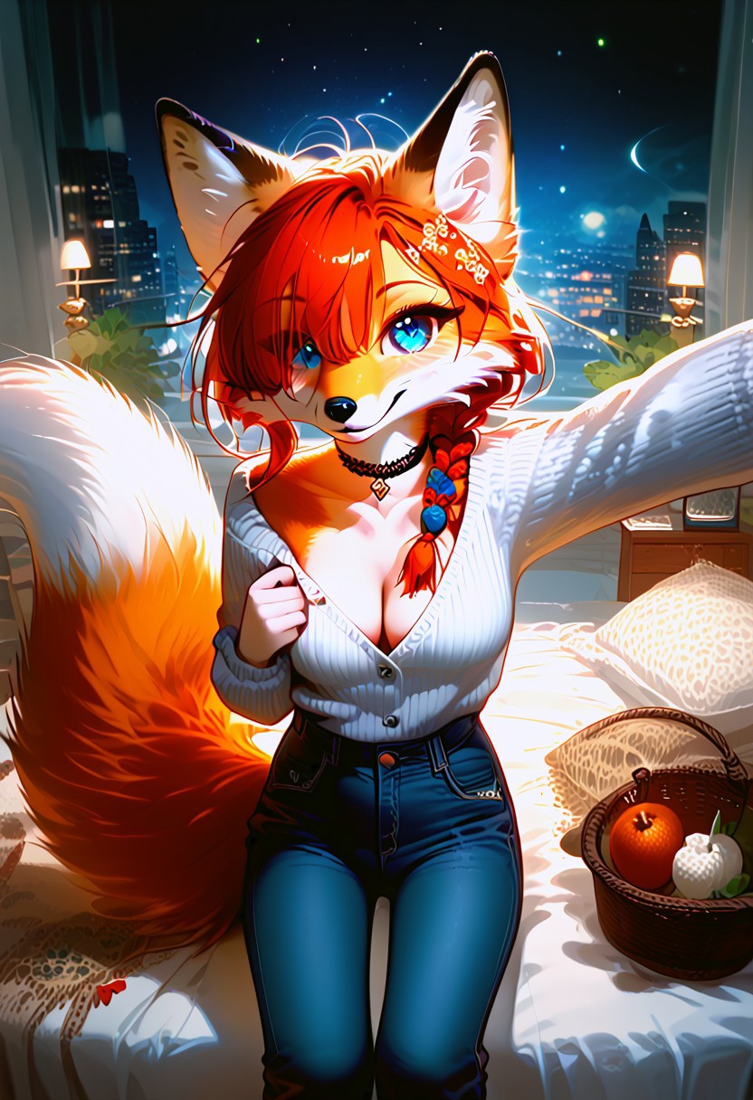 score_9, score_8_up, score_7_up, braided black hair, anthro fox female,foxfolk,perfecteyes,blue eyes, one eye covered by hair, open chest, medium breasts, ,black choker, black knittet pullover,over sized sweater, tights, jeans,from above, looking at viewer,she wants to impress with her cleavage, crawling towards viewer,perfect quality, high quality,  at night ,cosy bedroom athmosphere, expressiveH,ffc selfie
