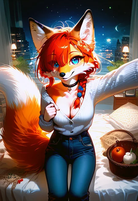 score_9, score_8_up, score_7_up, braided black hair, anthro fox female,foxfolk,perfecteyes,blue eyes, one eye covered by hair, open chest, medium breasts, ,black choker, black knittet pullover,over sized sweater, tights, jeans,from above, looking at viewer,she wants to impress with her cleavage, crawling towards viewer,perfect quality, high quality, at night ,cosy bedroom athmosphere, expressiveH,ffc selfie