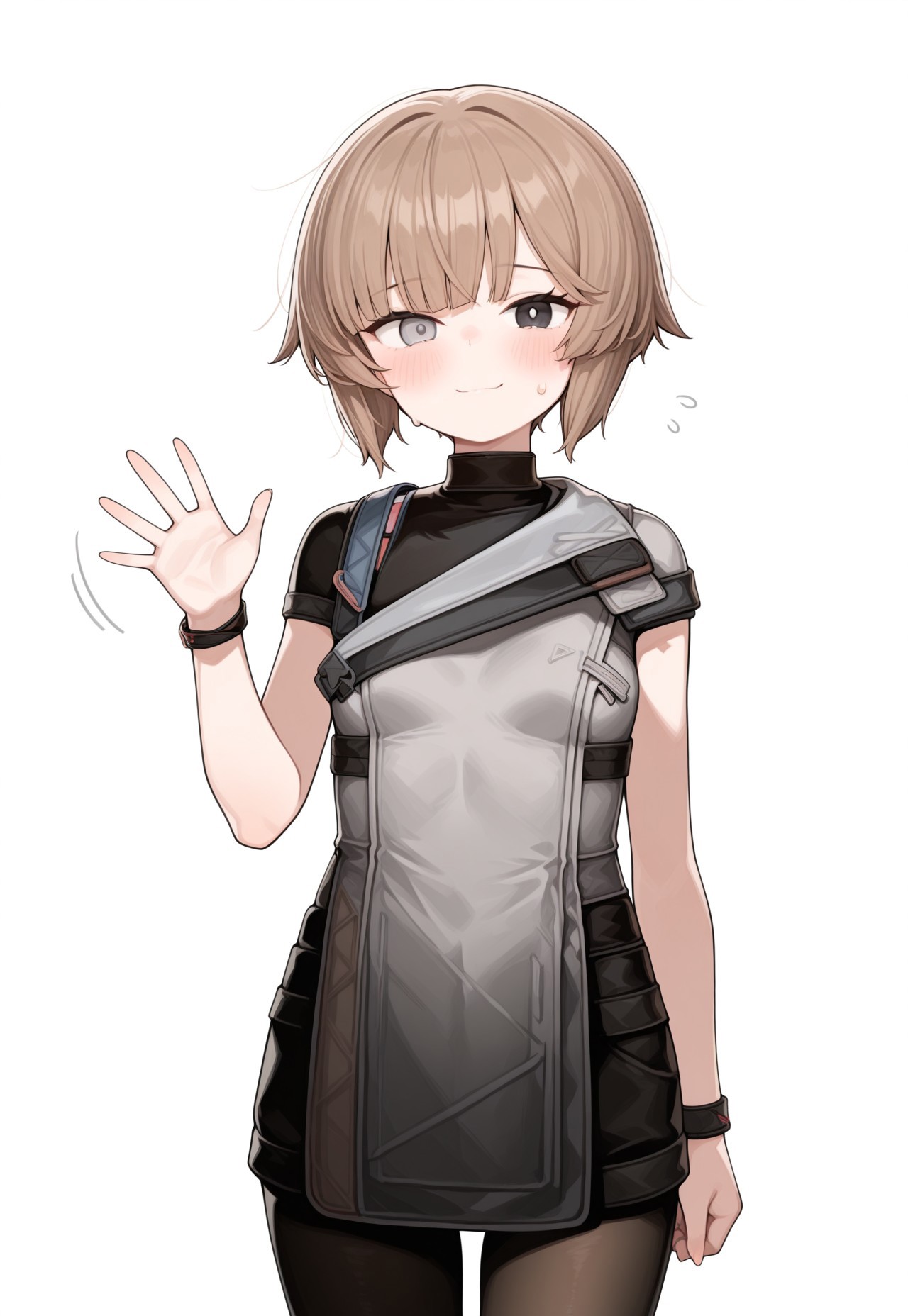 masterpiece, best quality, good quality, very aesthetic, absurdres, newest, 8K, focused subject, simple background BREAK 1girl, cowboy shot, looking at viewer, flying sweatdrops, slight smile, blush, waving, motion lines, short hair, brown hair, heterochromia, black eyes, grey eyes, elmodorm, sleeveless, zipper, flat chest