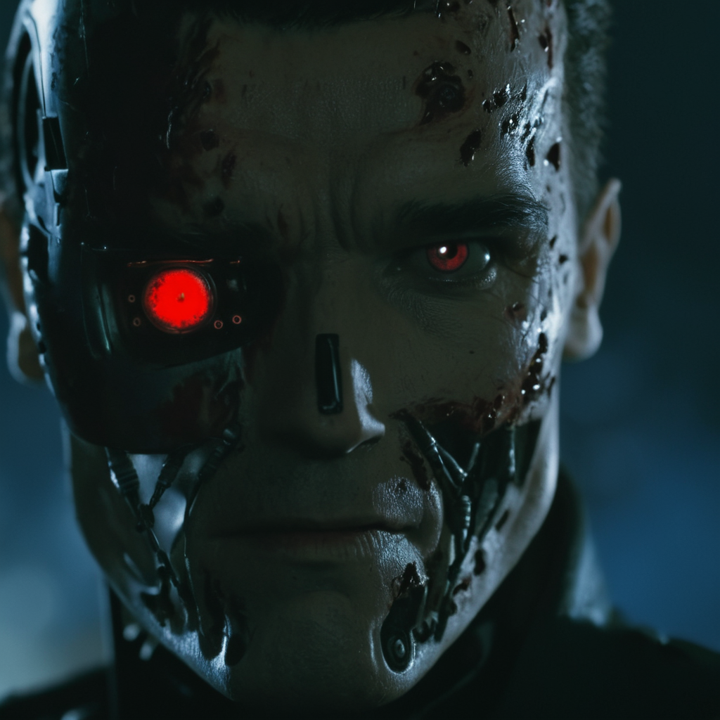 cinematic film still of  <lora:Terminator 2 style:1>
In the 1990's Model101 a man with a bloody face and a 1red eye,hero,protector,1red eye,solo,looking at viewer,black hair,1boy,male focus,blood,glowing,robot,portrait,science fiction,blood on face,realistic,android,cyborg,damaged,horror (theme),guro,cyberpunk,mechanical parts , cinematic color, contrast, filmic, science fiction themed, action themed, cinematic look, dramatic light, dramatic shadow light, realistic, realism, perfection, perfect, Kodak, Kodak film, movie still, Terminator style, The Terminator 1991 Film style, shallow depth of field, vignette, highly detailed, high budget, bokeh, cinemascope, moody, epic, gorgeous, film grain, grainy